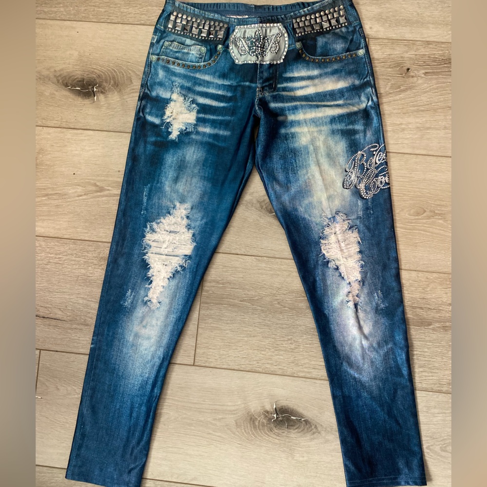 Bejeweled printed begging with studs and rhinestones and fake rips